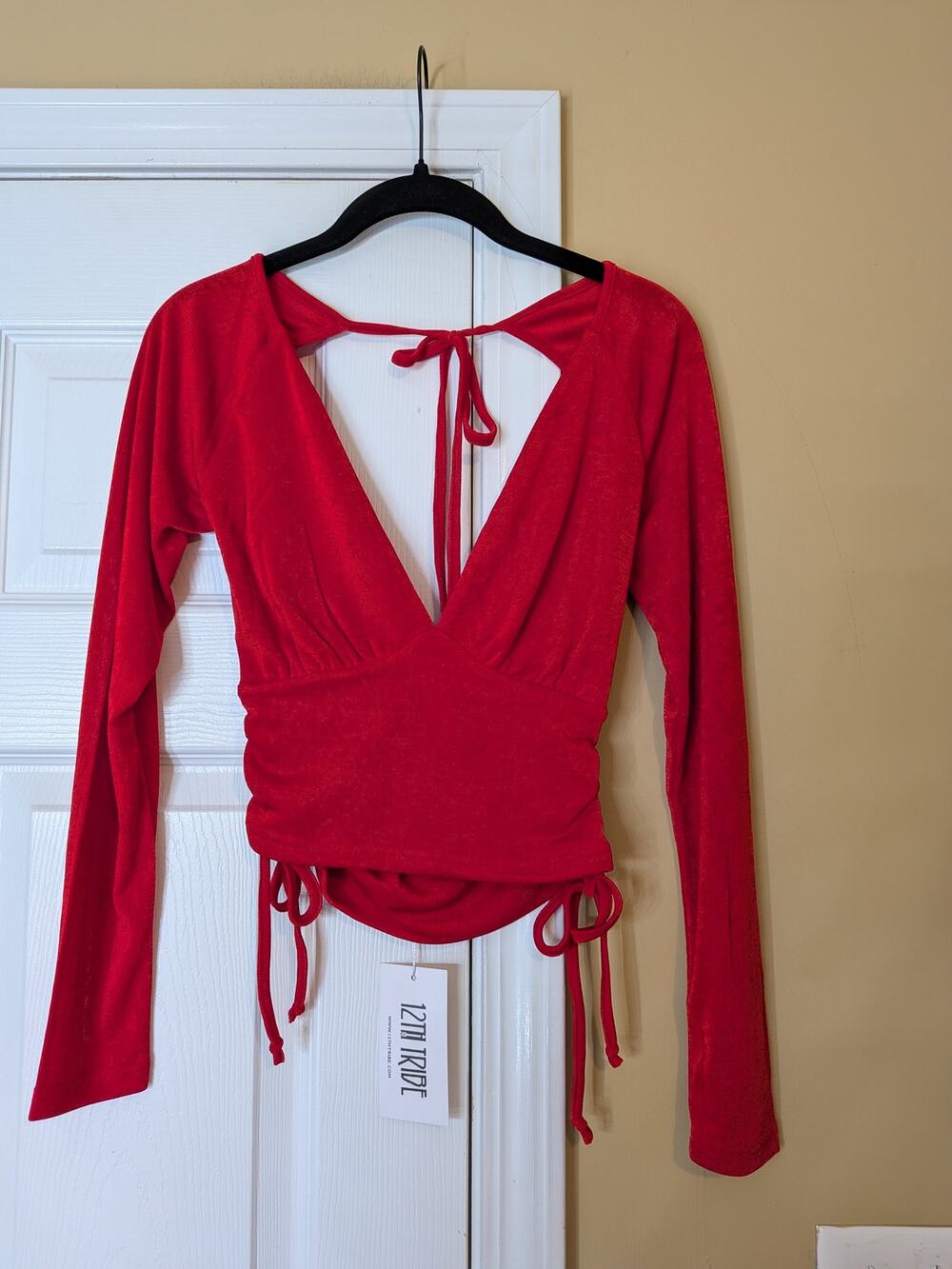 12th Tribe Open-Back Long Sleeve Top Size Small Red Ruched Backless Blouse NWT